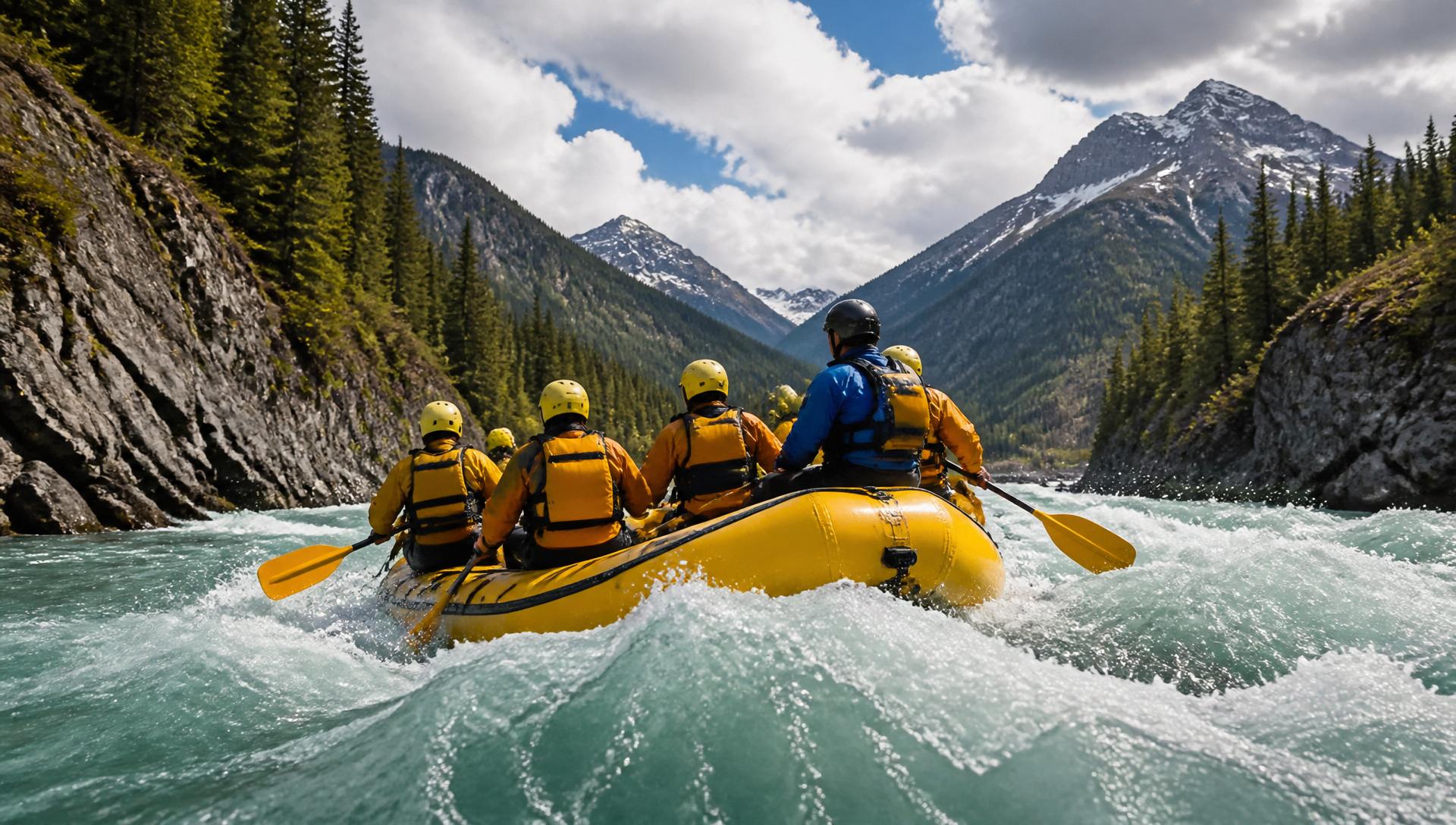 Guides leading a white-water rafting trip through a forested river canyon